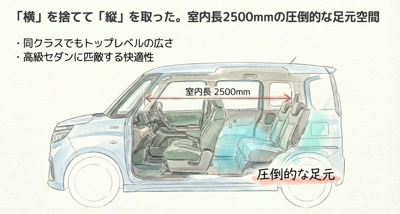 室内長2500mmを誇るソリオの圧倒的な足元空間の広さと快適性を説明するスライド