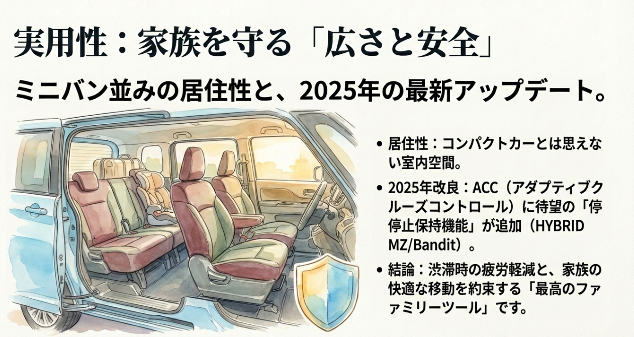 ソリオの広い室内空間と、2025年改良の停止保持機能付きACCについて解説する実用性のスライド