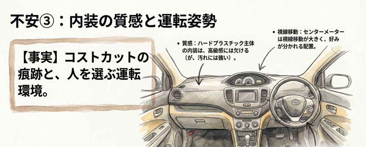 ソリオの内装の質感やセンターメーターの配置、テレスコピック機能の不在による運転姿勢の影響をまとめたスライド