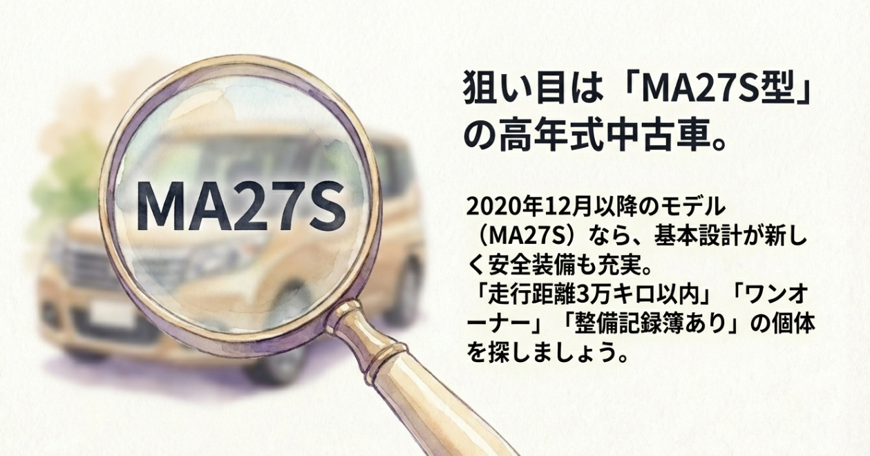 狙い目は2020年12月以降の「MA27S型」。走行距離3万キロ以内、ワンオーナー、整備記録簿ありの個体を探しましょう。
