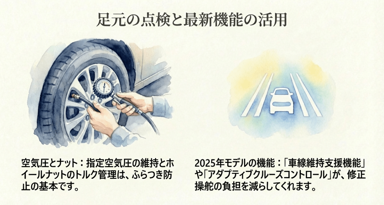 タイヤの空気圧・ナットの点検と、2025年モデルに搭載された車線維持支援機能などの運転支援システムの紹介
