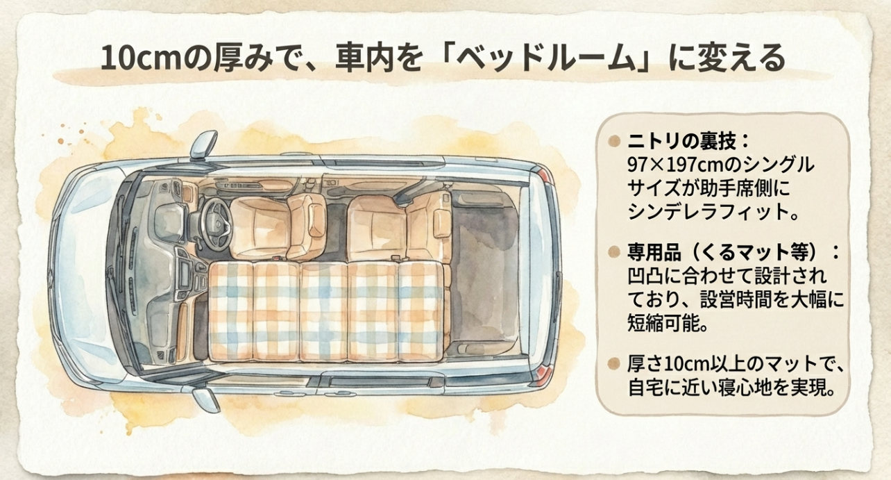 ニトリのマットや専用品「くるマット」を敷いて、ソリオ車内をベッドルームに変えるイメージ図