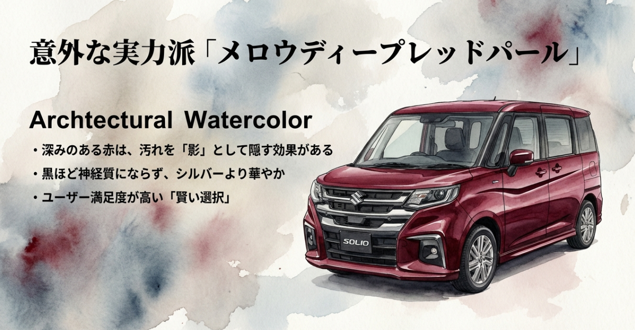 意外な実力派メロウディープレッドパールの解説。深みのある赤が汚れを影として隠す効果があり、ユーザー満足度が高い選択