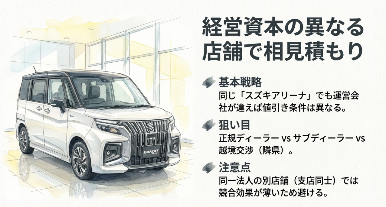 経営資本の異なるスズキアリーナ店やサブディーラーを比較する相見積もり戦略