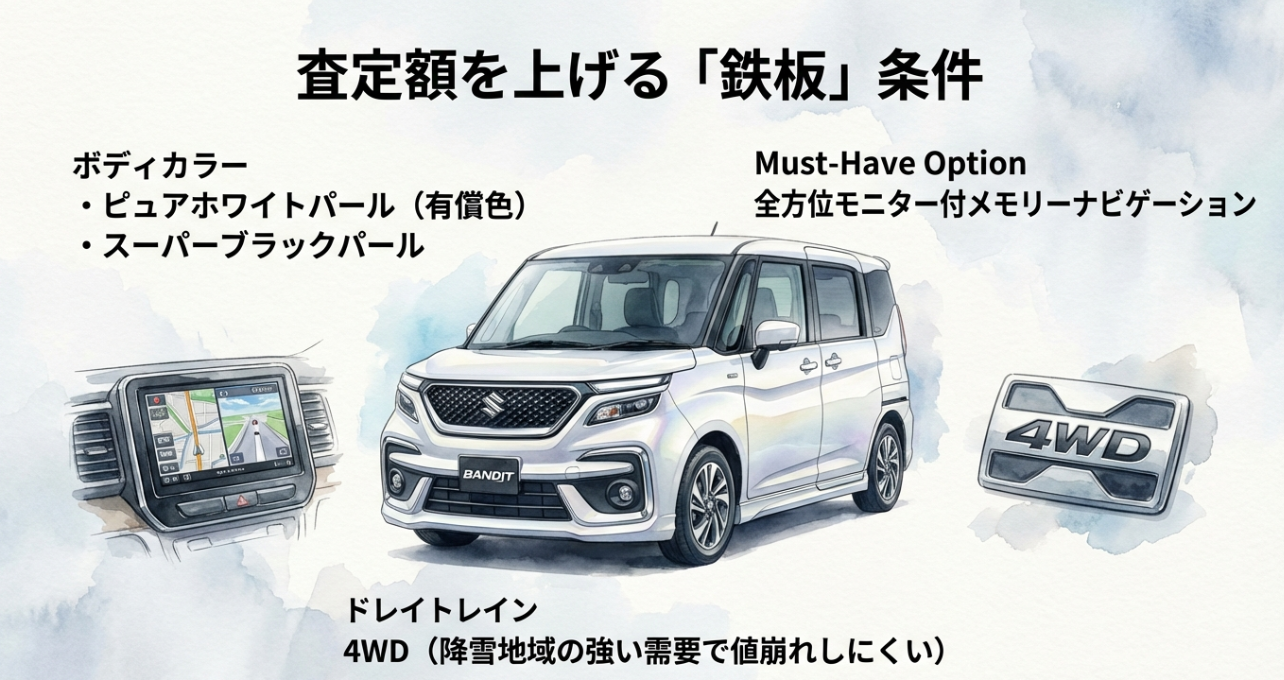 ソリオの査定額を上げる条件：ピュアホワイトパール、全方位モニター、4WDの重要性