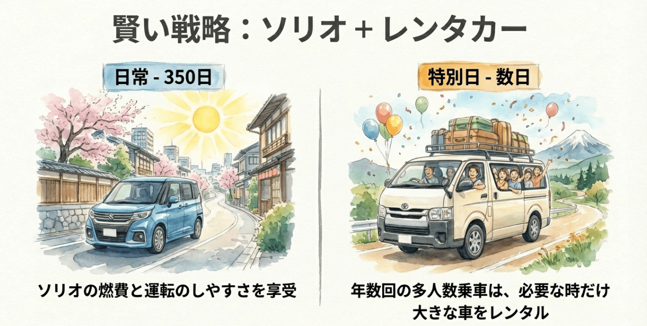 賢い戦略：普段はソリオ、多人数乗車時だけレンタカーを借りる合理的な選択