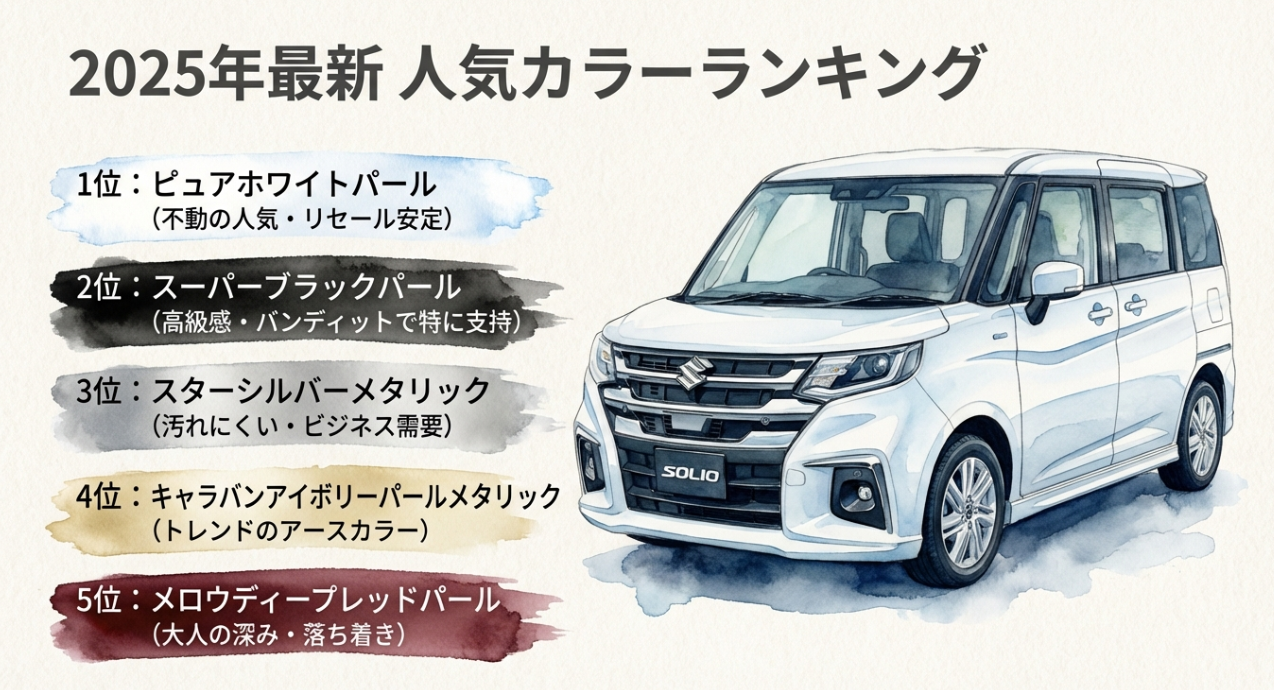 2025年最新人気カラーランキング。1位白、2位黒、3位シルバー、4位アイボリー、5位レッドの順位表