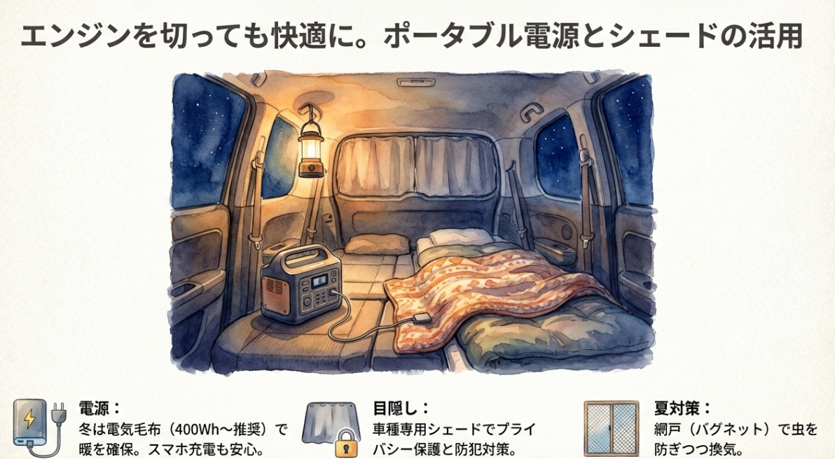 ポータブル電源、車種専用シェード、バグネットを活用して、エンジン停止中も快適に過ごす装備の紹介
