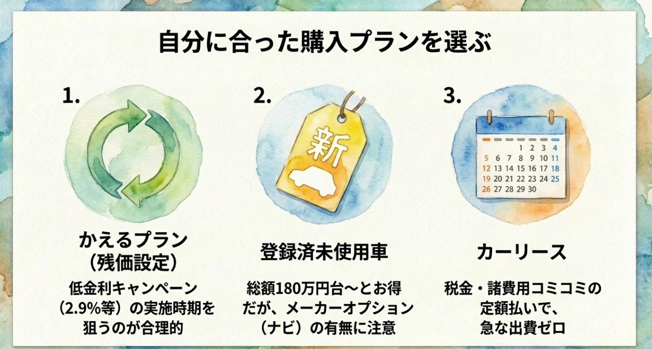 かえるプラン・登録済未使用車・カーリースなど、ソリオの購入プラン別メリット比較スライド