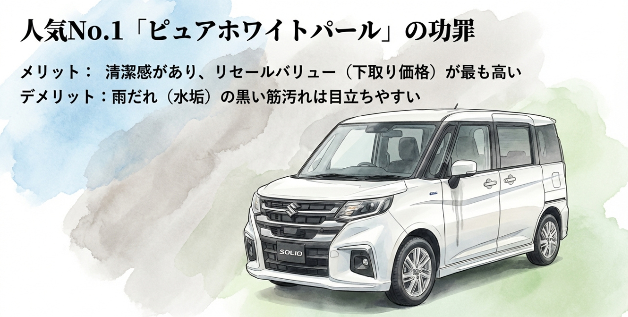 人気No.1ピュアホワイトパールの功罪。高いリセールバリューの一方で、雨だれ（水垢）の黒い筋が目立ちやすい注意点