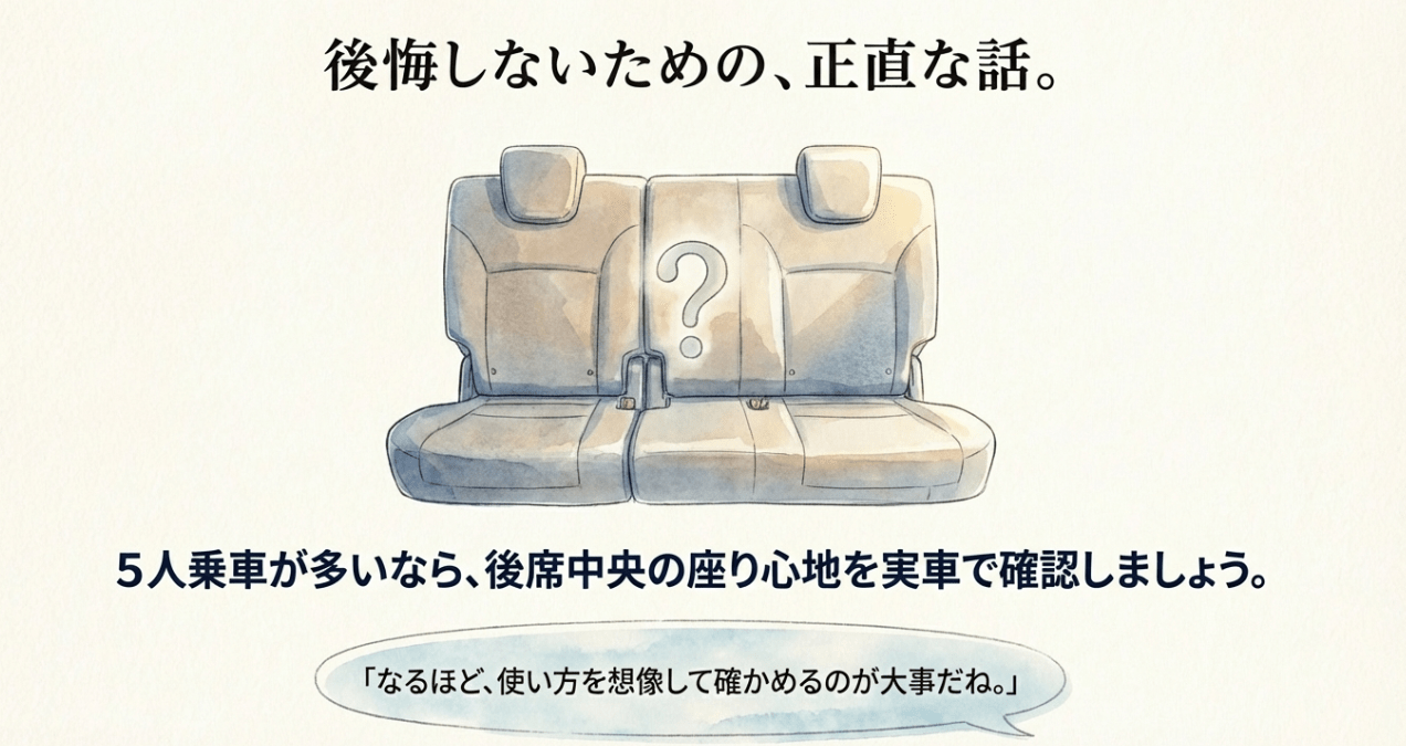 5人乗車が多い場合に後席中央の座り心地を実車で確認することを推奨する注意喚起スライド