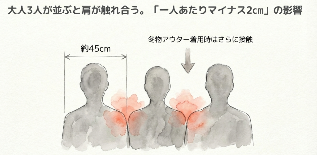 後席に大人3人が座った際の肩幅の干渉イメージ。一人あたり約45cmの幅が必要であることを示す図解
