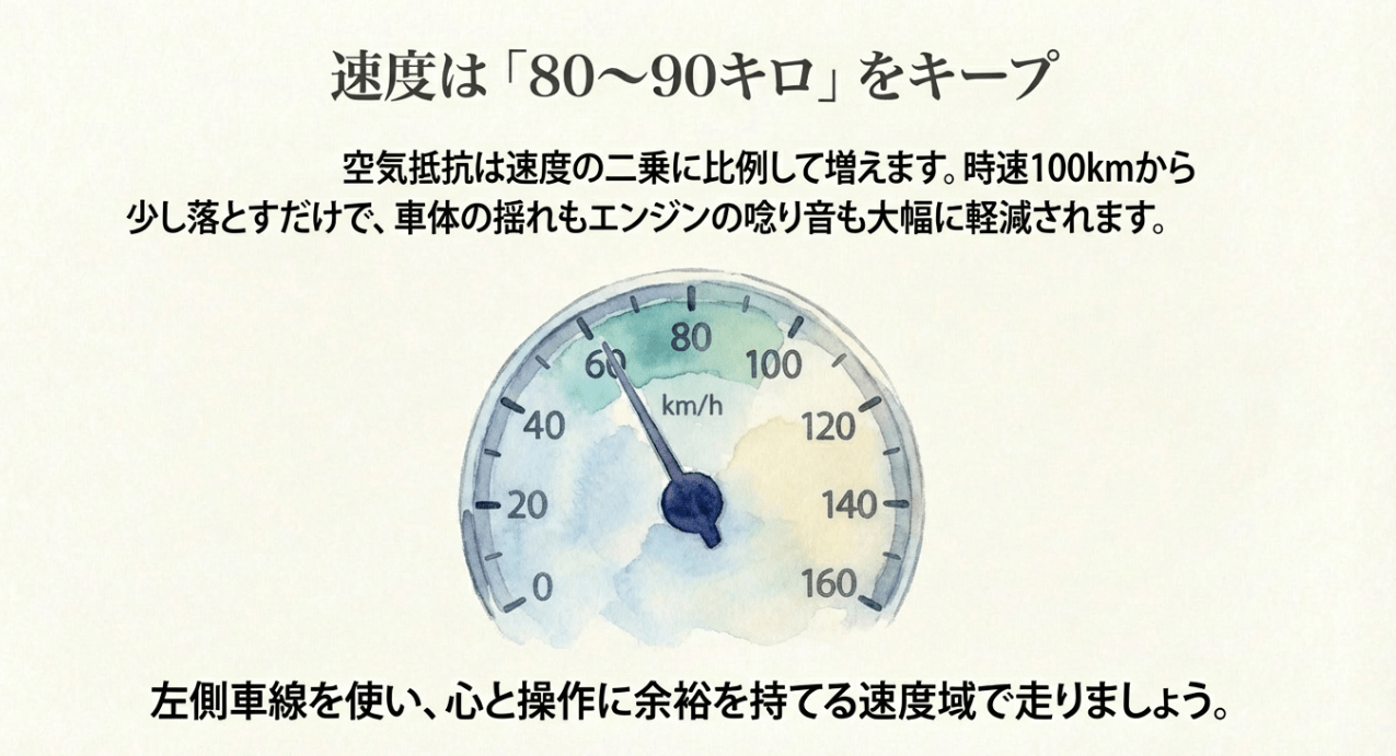 空気抵抗を抑え車体の揺れを軽減するために推奨される、時速80kmから90kmの走行速度を示すスピードメーターの図解