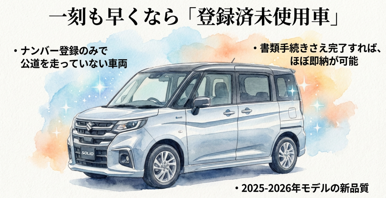 ナンバー登録済みで公道を走っていない「登録済未使用車」の特徴と、即納が可能なメリットを説明したスライド