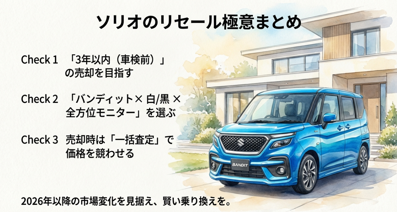 ソリオのリセール極意まとめ：3年以内売却・バンディット選択・一括査定の活用