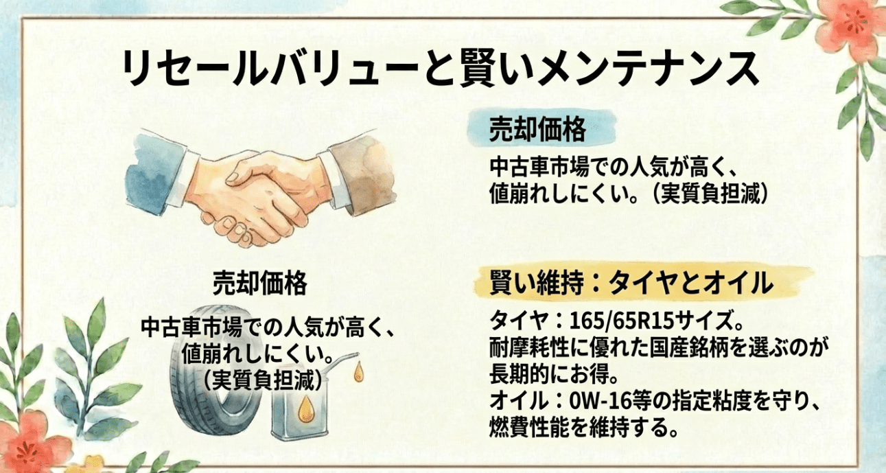 リセールバリューと賢いメンテナンス：値崩れしにくい人気車種。タイヤサイズ165/65R15と指定オイルの重要性