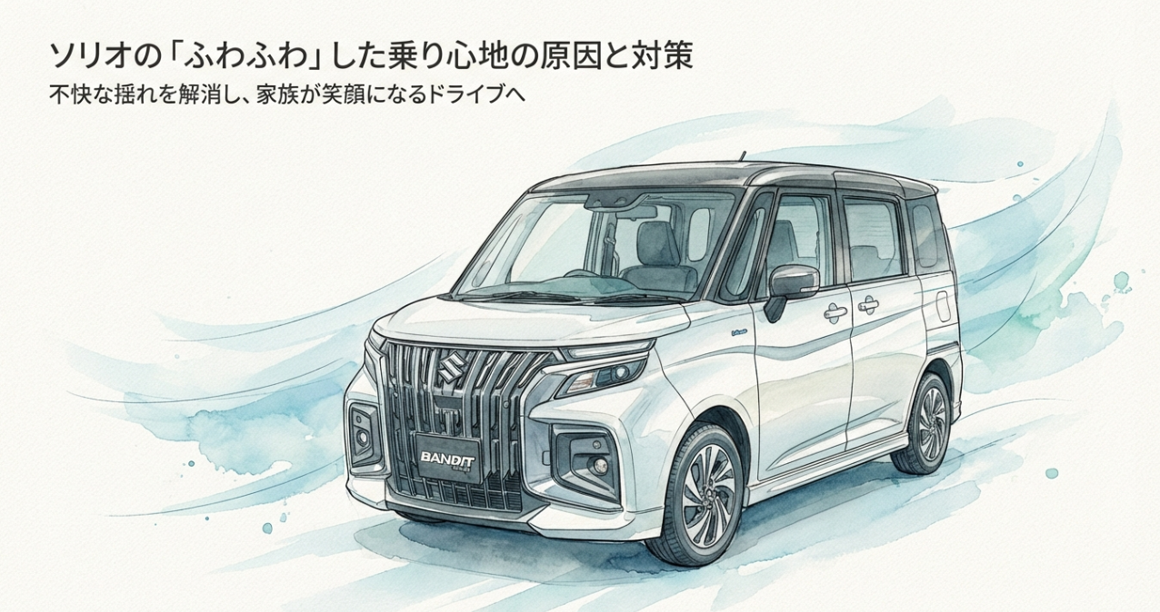 ソリオのふわふわした乗り心地の原因と対策を解説するスライドの表紙