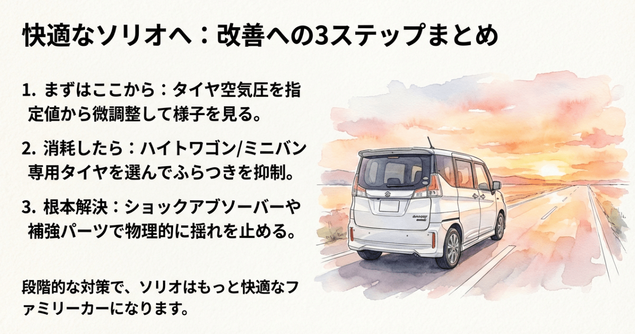 ソリオの乗り心地を改善するための「空気圧・タイヤ・パーツ」の3ステップまとめ