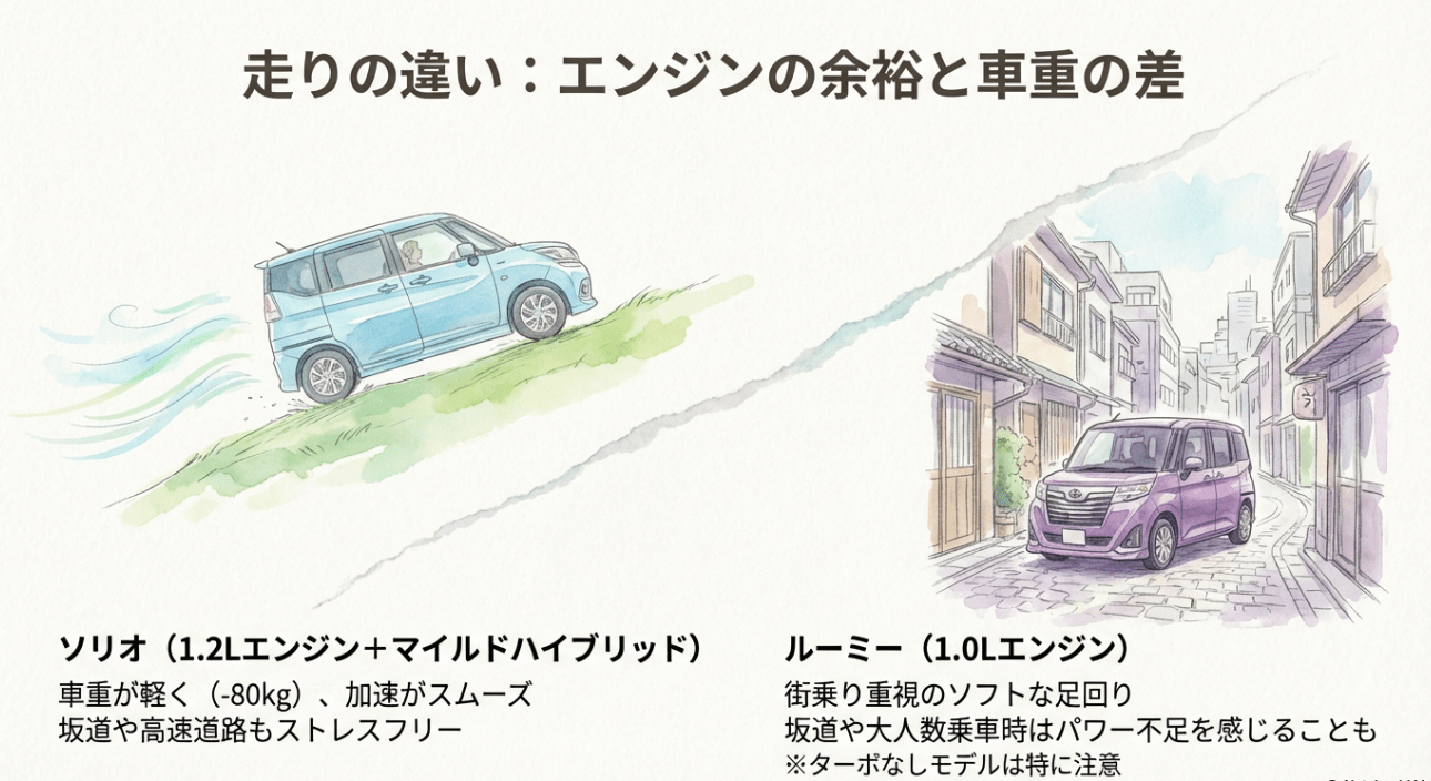 ソリオとルーミーの走行性能差：1.2Lエンジンと車重の軽さがもたらすスムーズな加速