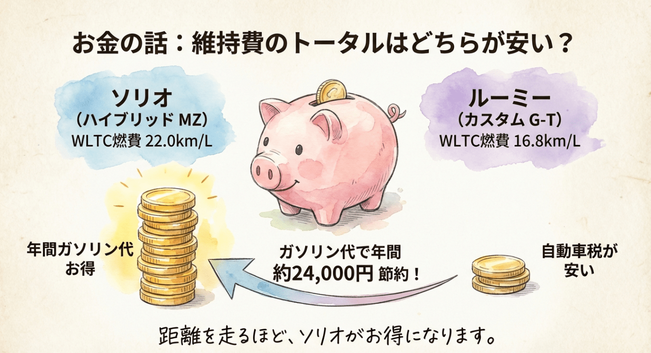 ソリオとルーミーの燃費・維持費比較：ガソリン代で年間約24,000円節約できるシミュレーション
