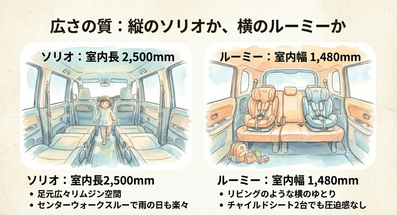 ソリオの室内長2,500mmとルーミーの室内幅1,480mmの比較：縦の広さか横のゆとりか