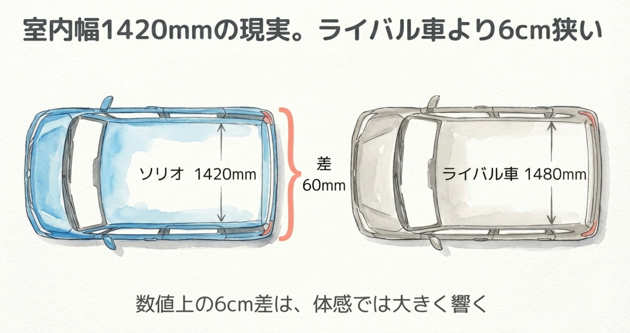 ソリオ（室内幅1420mm）とライバル車（室内幅1480mm）の6cmの差を比較した数値解説スライド
