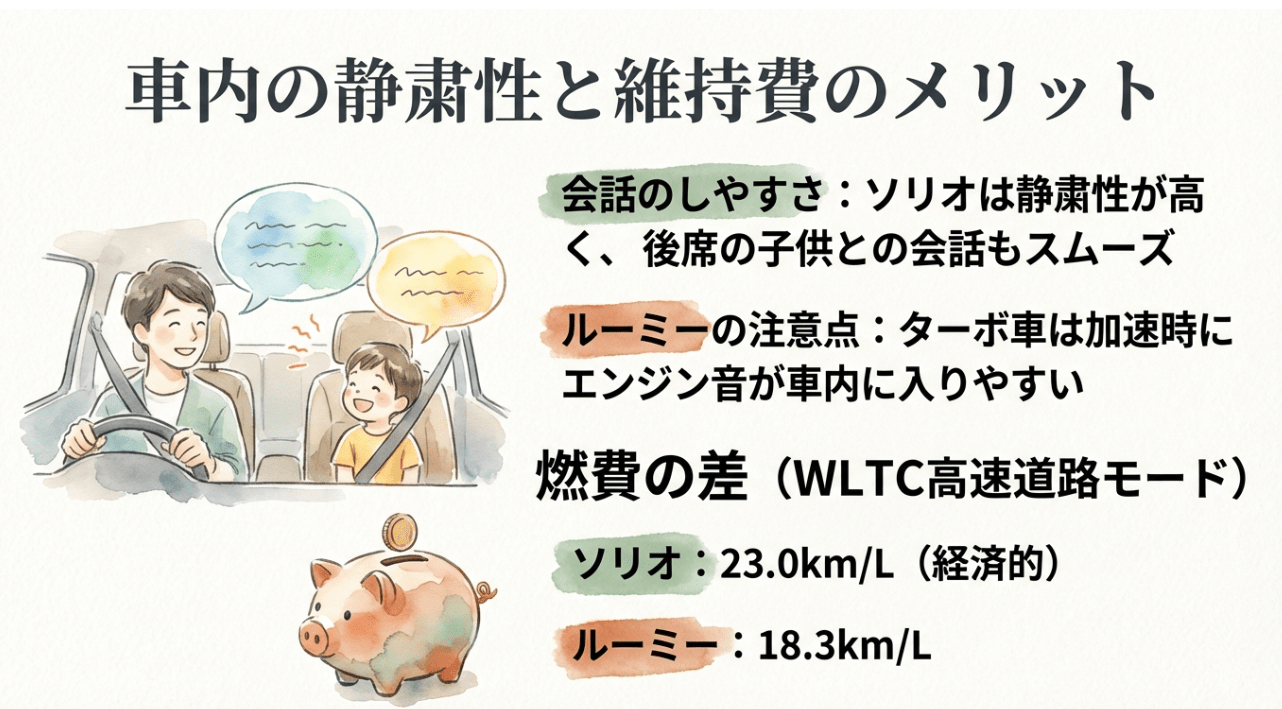 車内の静粛性と燃費（WLTC高速道路モード）の比較。ソリオの経済性と会話のしやすさ。