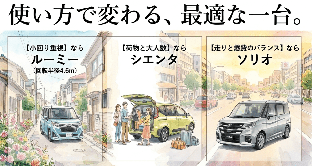 ルーミー・シエンタ・ソリオの違いを用途別に比較し最適な選び方を示す画像