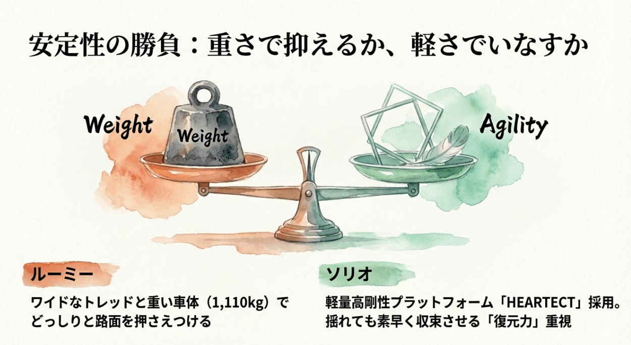 安定性の比較。ルーミーの重さで抑えるどっしり感と、ソリオの軽さでいなす復元力の違い。