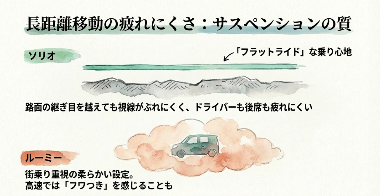 長距離移動の疲れにくさの比較。ソリオのフラットライドな乗り心地とルーミーの柔らかい設定の違い。