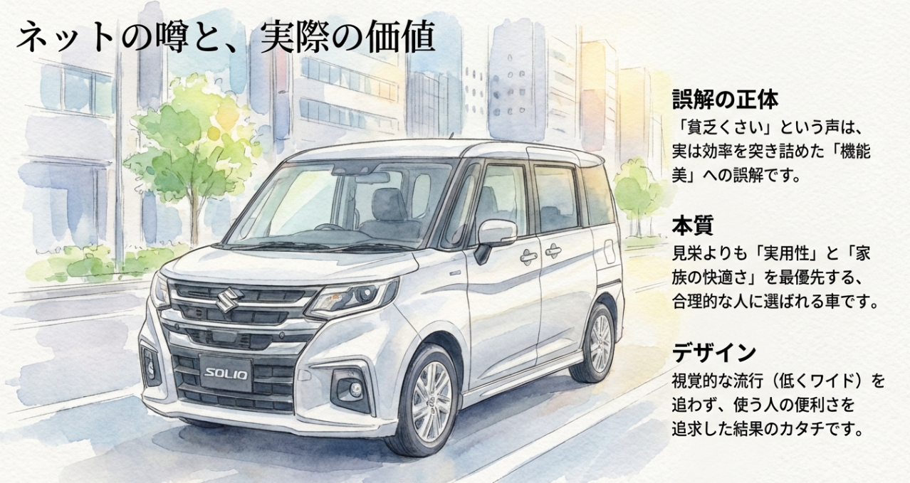 ネットの噂と実際の価値を比較し、見栄よりも実用性と家族の快適さを最優先する合理的な選択であることを解説するスライド。