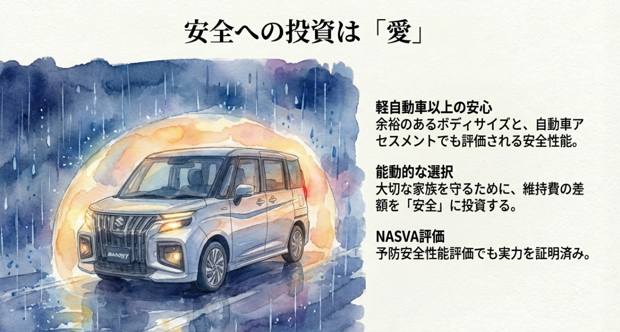余裕のあるボディサイズと、自動車アセスメント（NASVA）の予防安全性能評価でも証明された高い安全性能を解説するスライド。