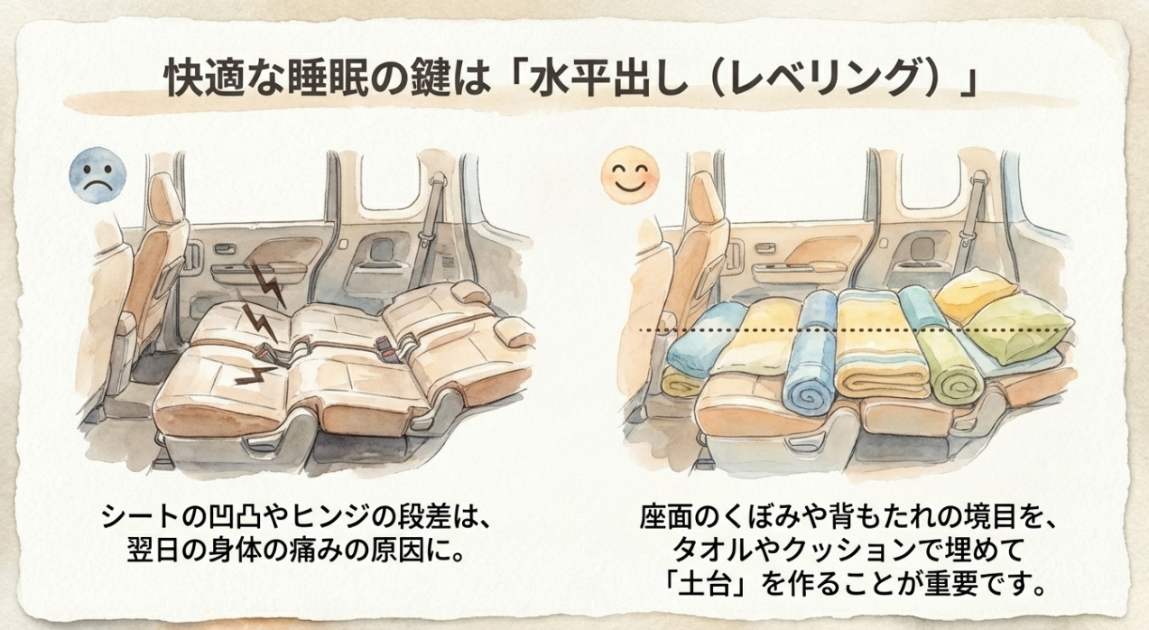 シートの段差をタオルやクッションで埋めて水平にする「土台作り」のビフォーアフターイラスト