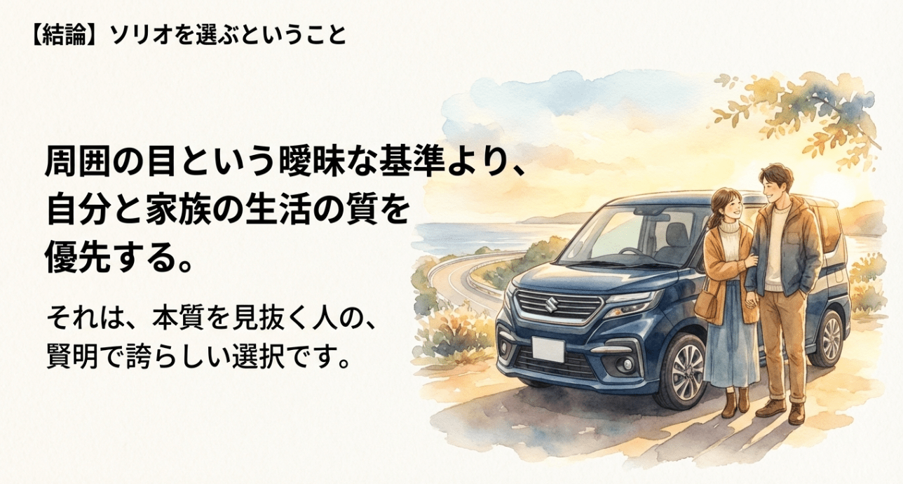 周囲の目よりも自分と家族の生活の質を優先する。ソリオを選ぶことは本質を見抜く人の賢明で誇らしい選択であるという結論。