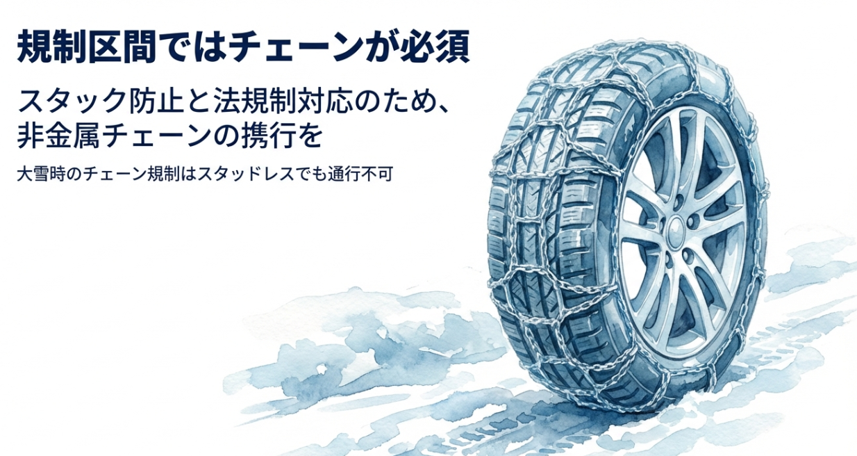 大雪時のチェーン規制への対応と、非金属チェーン携行の推奨