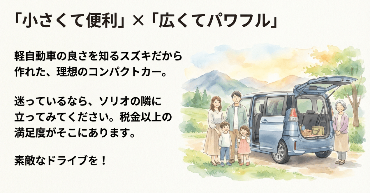 ソリオの魅力まとめ「小さくて便利」と「広くてパワフル」の両立を示すイラスト
