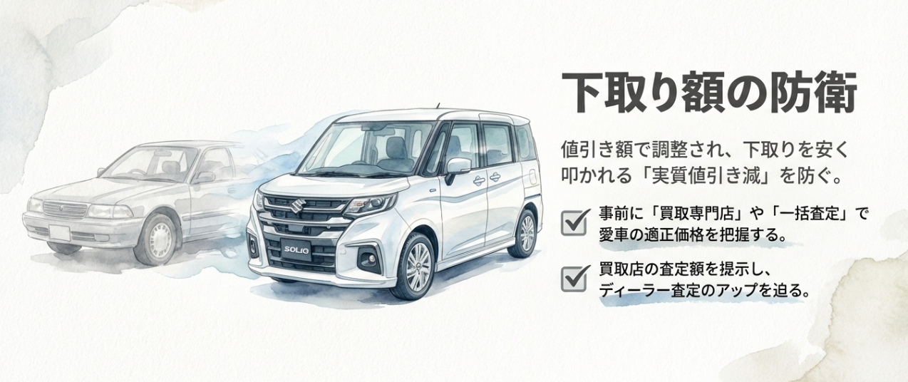 下取り額の防衛策（事前に一括査定で相場を把握し、ディーラー査定アップを迫る方法）