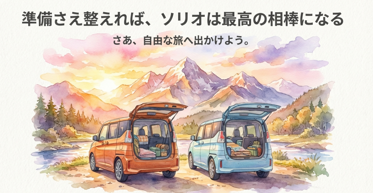「準備さえ整えれば、ソリオは最高の相棒になる」というメッセージと自由な旅への出発を促す結びのスライド
