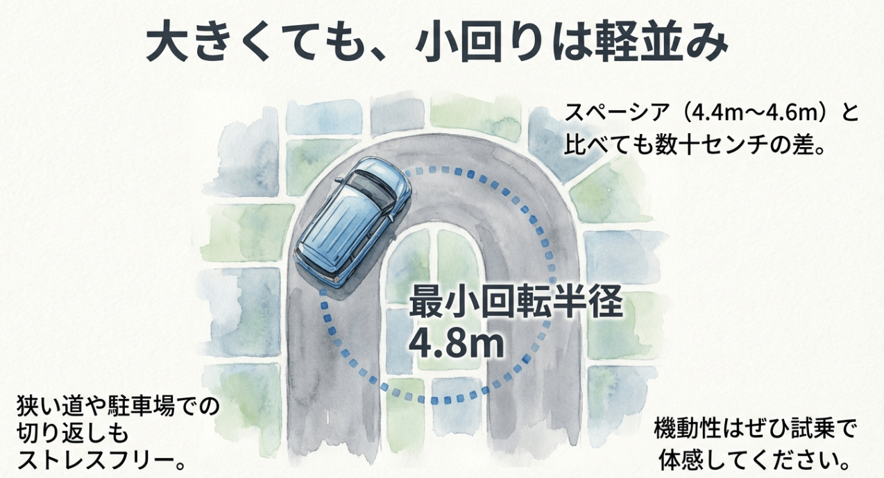 ソリオの最小回転半径4.8mと軽自動車並みの小回り性能を解説する画像