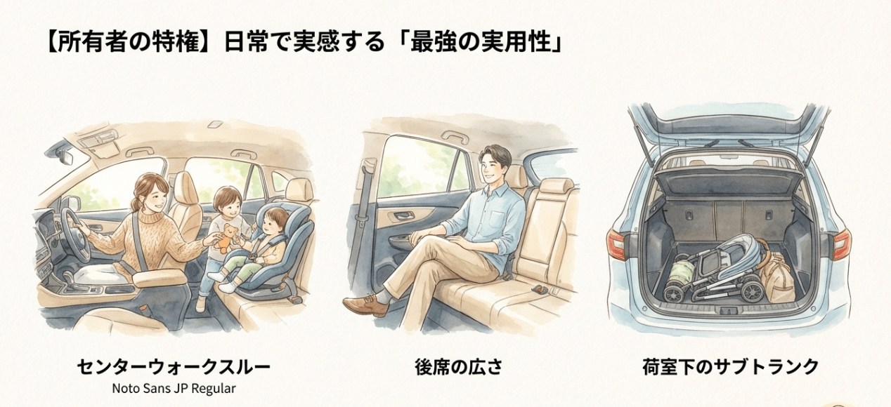 センターウォークスルー、後席の広さ、荷室下のサブトランクなど、日常で実感できるソリオの高い実用性を紹介。