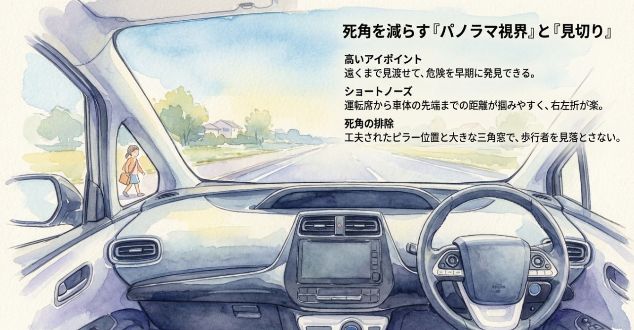 高いアイポイントと死角を削ぎ落とした窓設計。ショートノーズによる車両感覚の掴みやすさを解説。