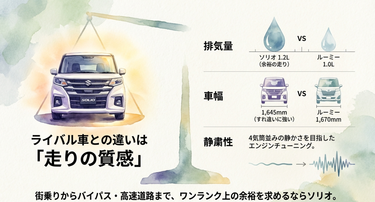ソリオとルーミーの比較表。排気量や車幅、走行の質感の違いをまとめたスライド。