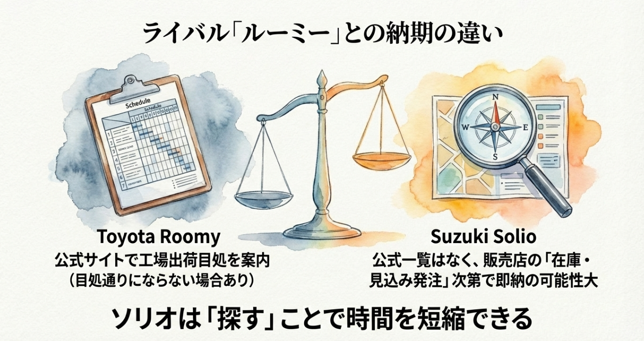 トヨタ・ルーミー（公式サイトで目処案内）とスズキ・ソリオ（販売店の在庫・見込み発注次第）の納期確認方法の違いを比較したスライド