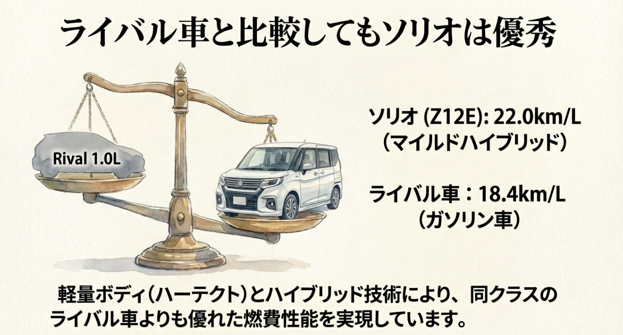 ソリオ（マイルドハイブリッド）とライバル車（ガソリン車）の燃費性能比較図