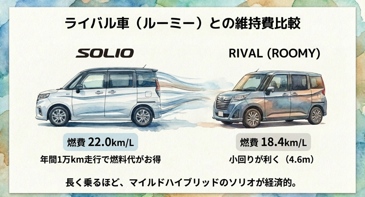ソリオとトヨタ・ルーミーの燃費および年間維持費の比較スライド