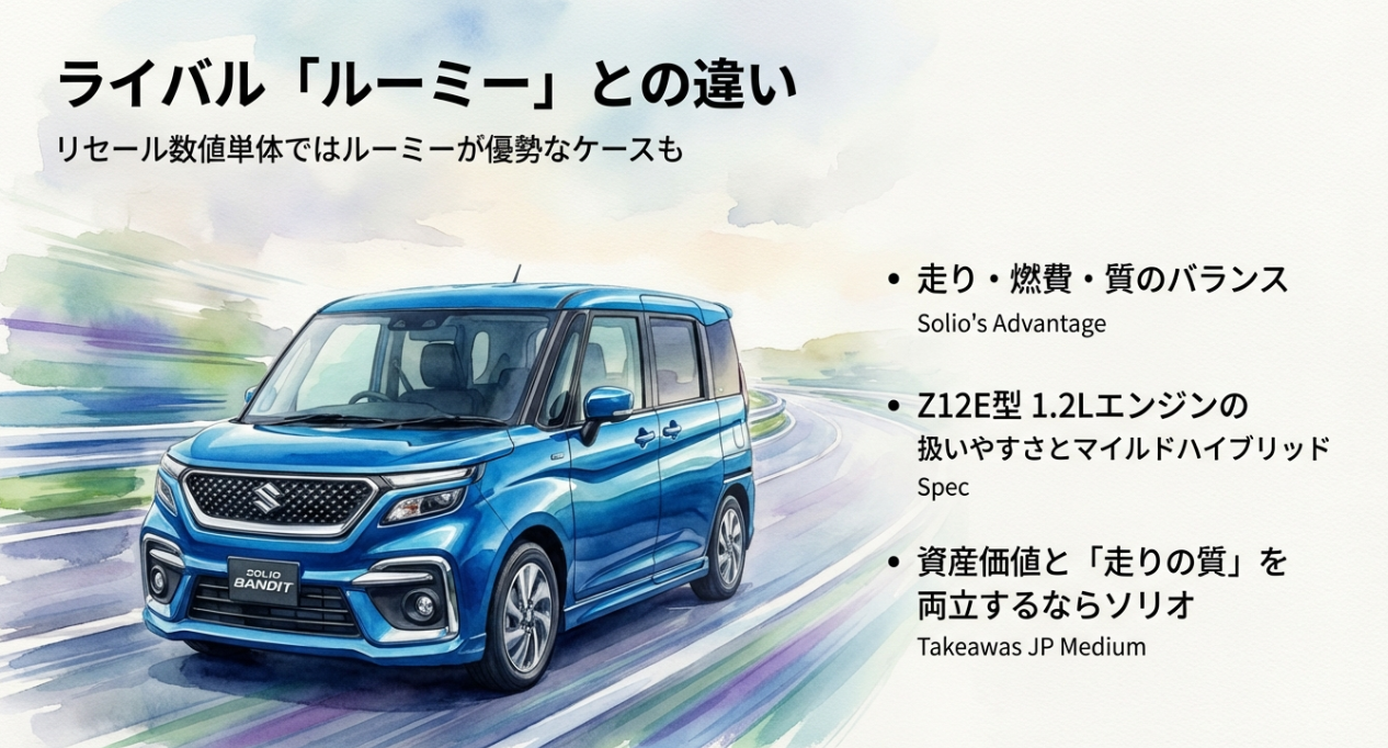 ライバル車ルーミーとのリセール比較とソリオの走りの質のメリット