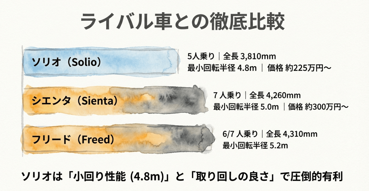 ソリオとライバル車（シエンタ・フリード）の全長・小回り性能・価格の比較表