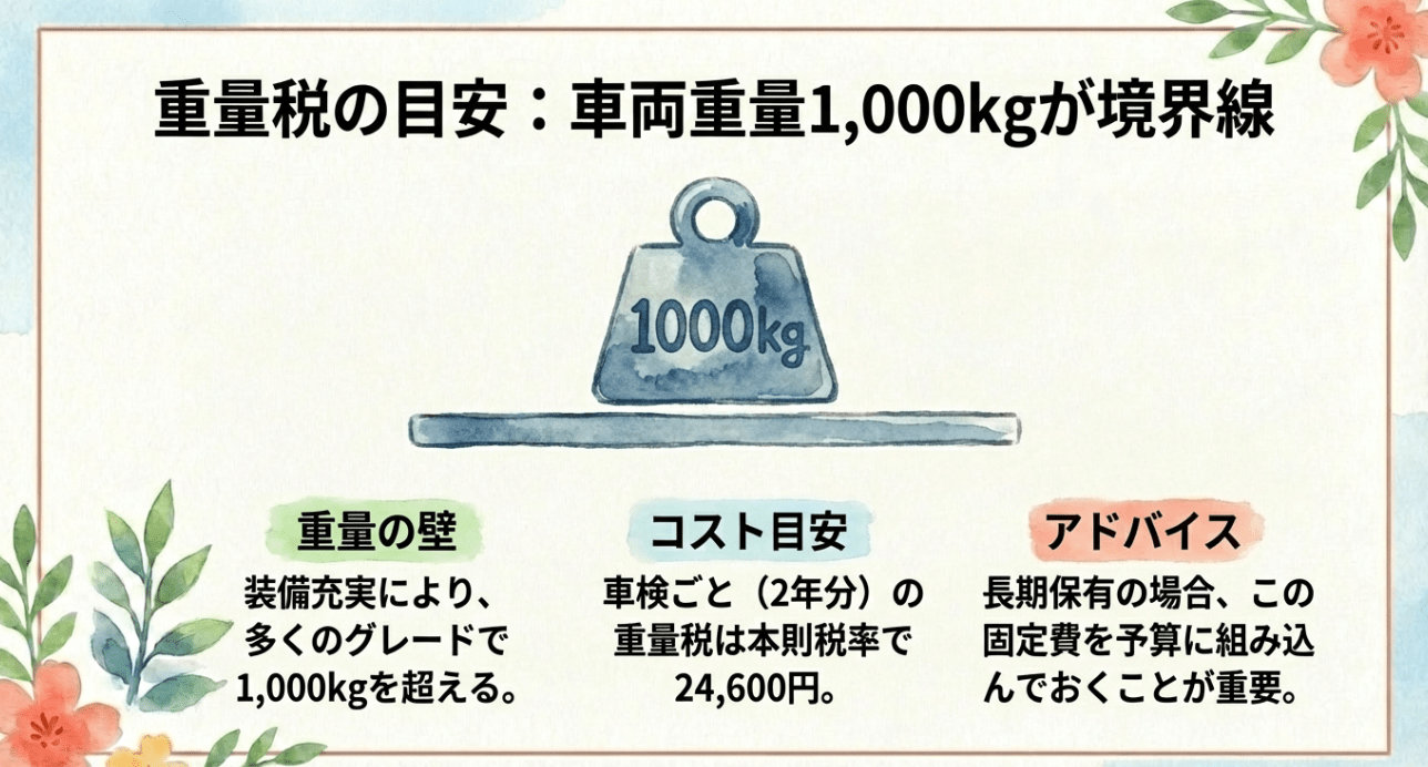 自動車重量税の目安：車両重量1,000kgの境界線。多くのグレードで2年分24,600円が目安