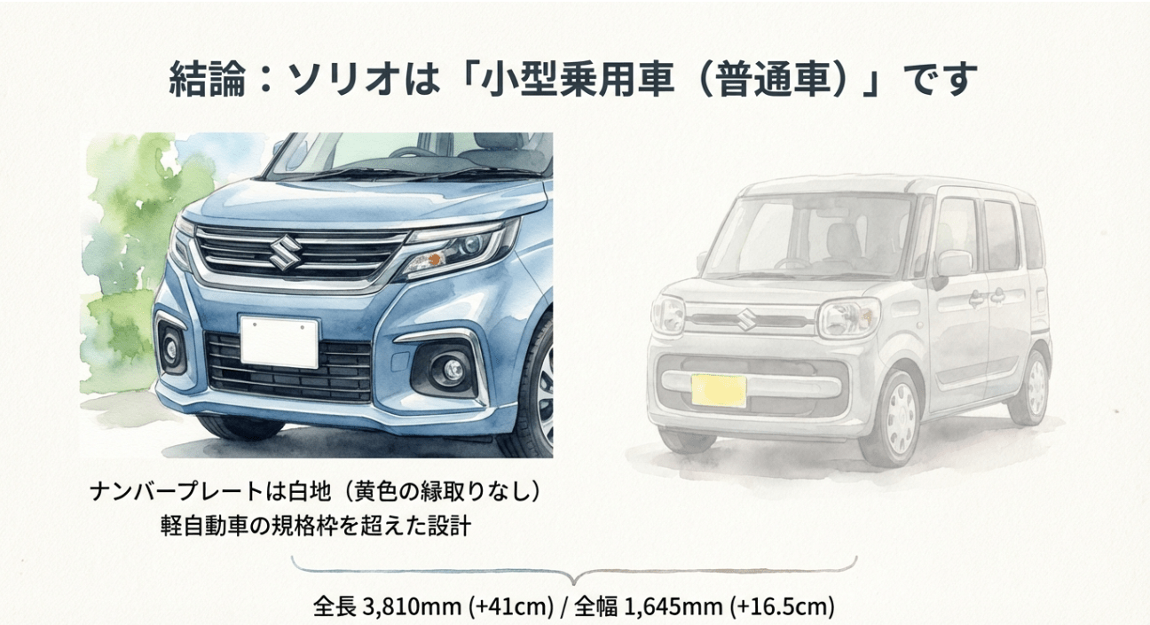 ソリオが白ナンバーの普通車（小型乗用車）であることを示すサイズ比較図
