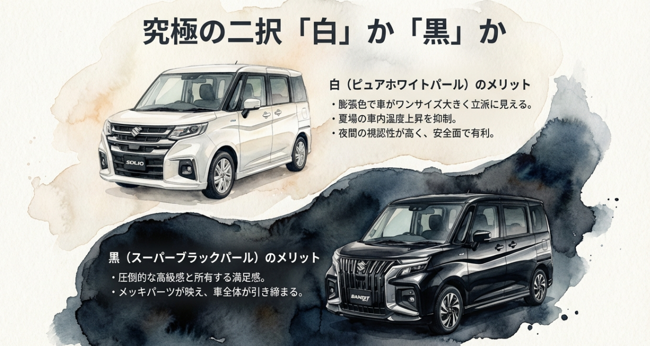 ピュアホワイトパール（白）とスーパーブラックパール（黒）のそれぞれのメリット比較スライド